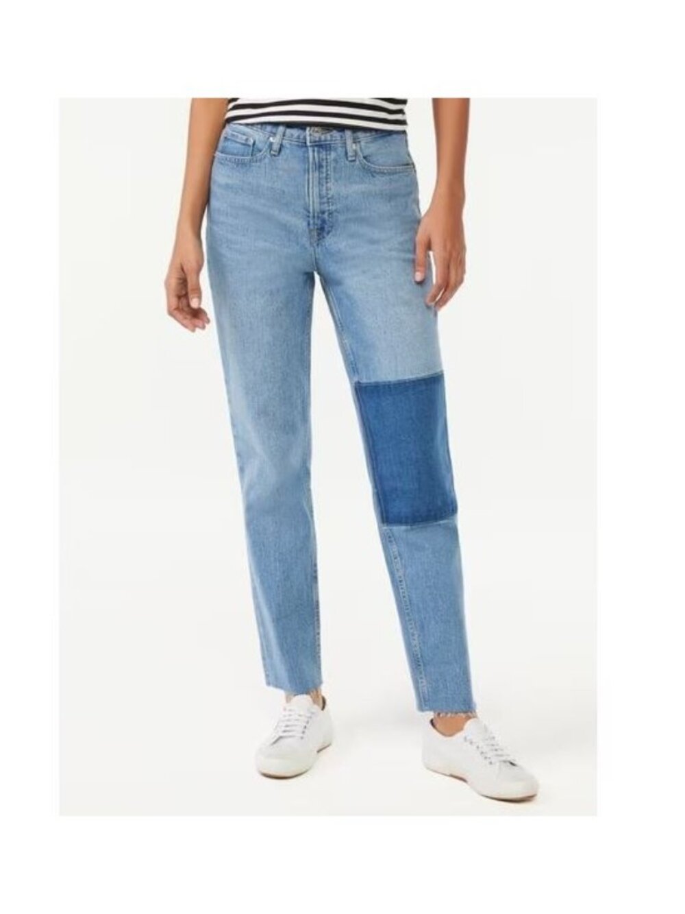 Free Assembly Jeans Size 8 Super High Rise Straight Patchwork Raw Hem Blue